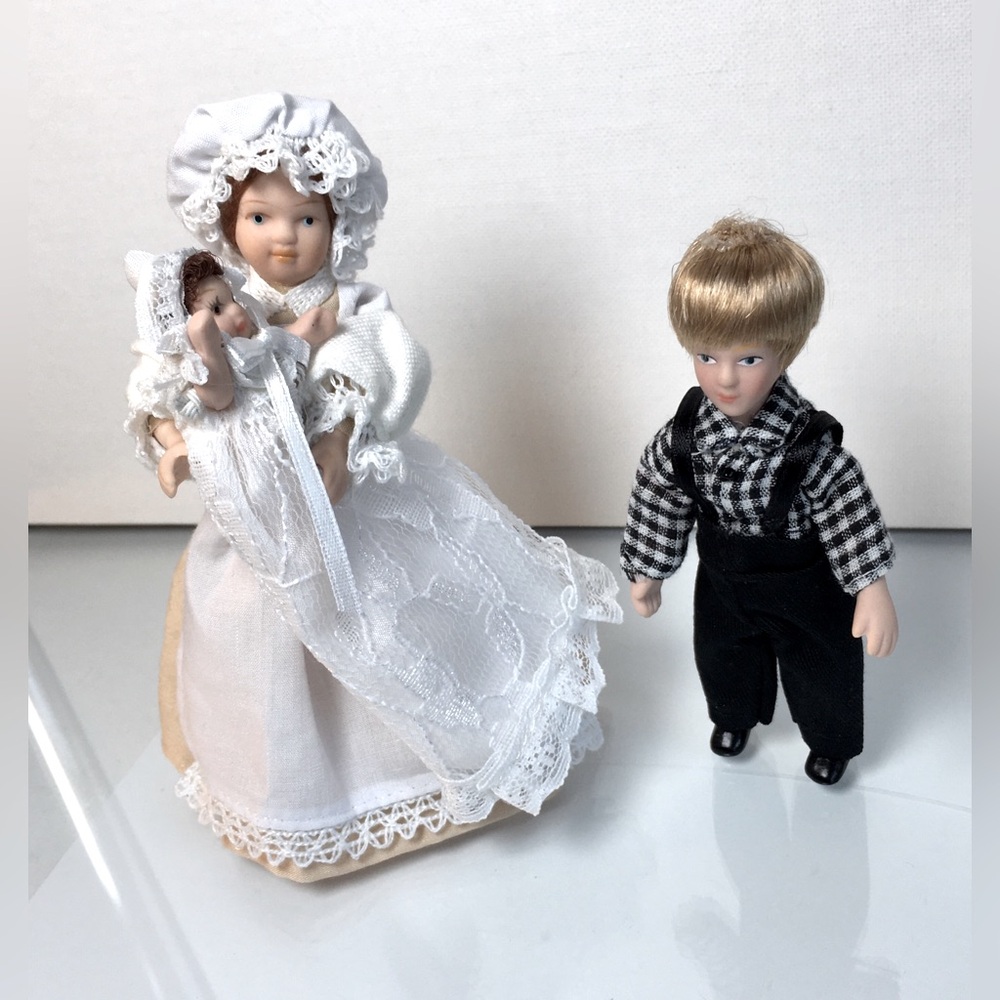 Dollhouse Miniature Poseable Victorian Maid 6”, Boy 4.5”, & Baby 2” Porcelain
